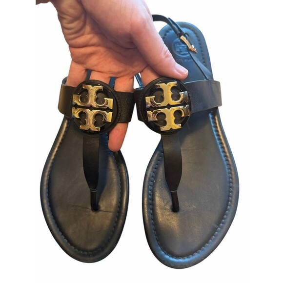Tory Burch Shoes - Tory Burch Bryce Logo Black Leather Sandals Flat Thong Flip Flop 9 Womens Summer